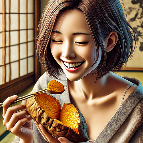 焼き芋を食べる女性画像-DALL·E 3