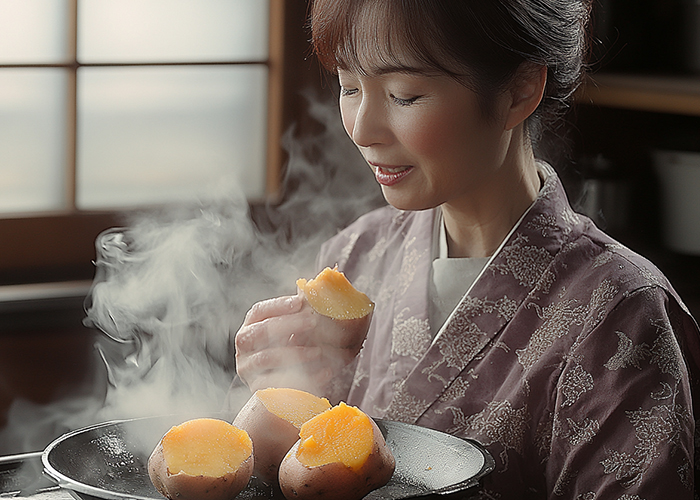 aiで焼き芋を食べている三世代を画像生成-年齢を調整間違い参考例