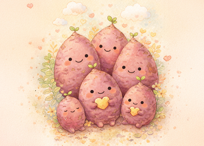 かわいい雰囲気にするプロンプトのコツと作例　絵本風さつまいもたち